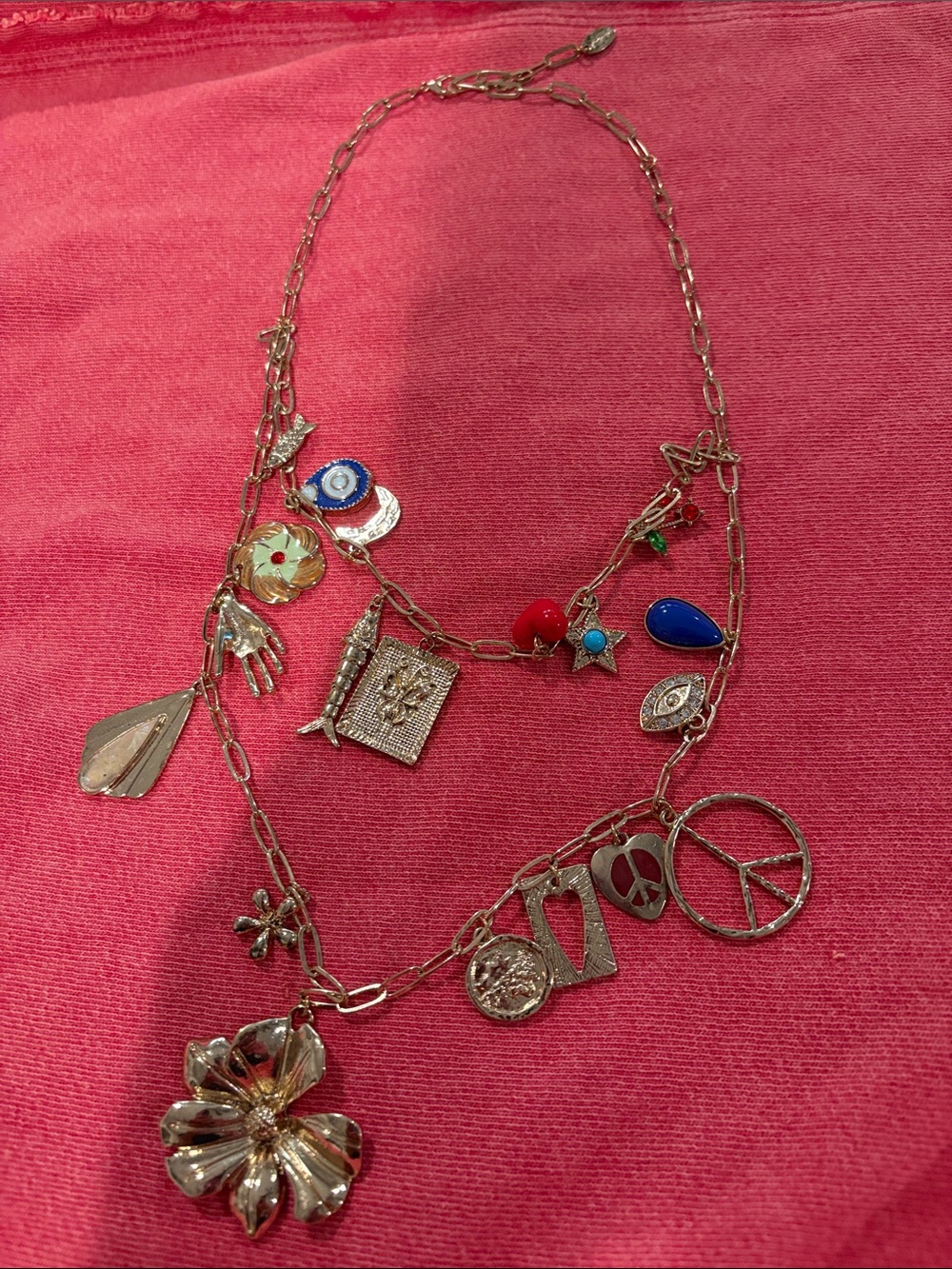 Free People Gold-Tone Layered Charm Necklace with Red & Blue Accents